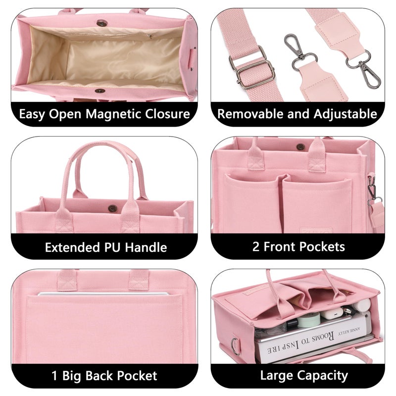ZHMO Canvas Tote Bag for Women With Compartments and Pockets,Pink Women's Bags Crossbody Bags Work Laptop Tote Bag Large Satchels Handbag Tote Purse Everyday Shoulder Bag for Travel Nurse Teacher Gift - Image 5