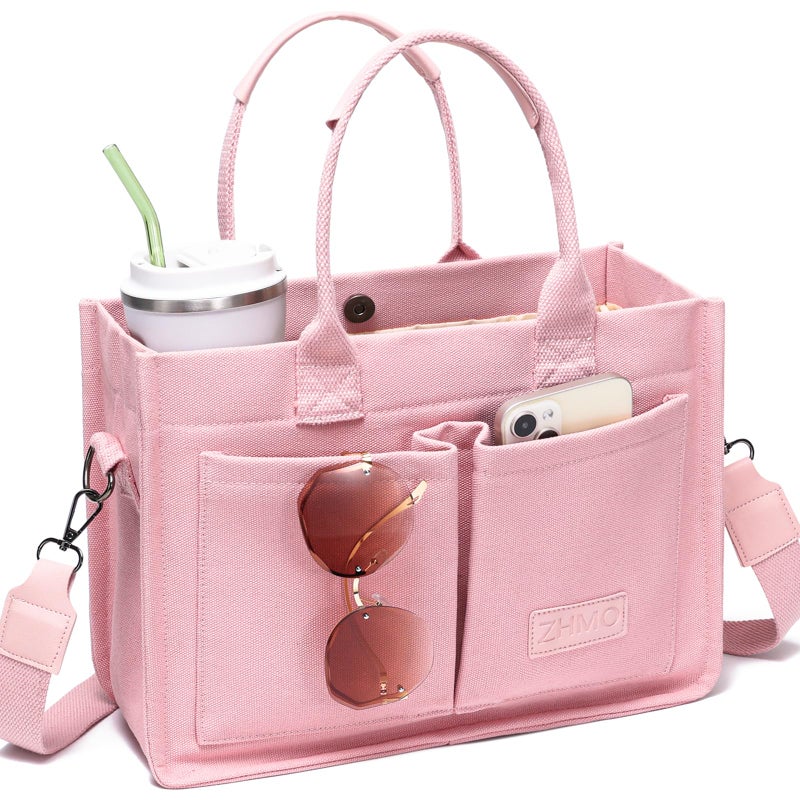 ZHMO Canvas Tote Bag for Women With Compartments and Pockets,Pink Women's Bags Crossbody Bags Work Laptop Tote Bag Large Satchels Handbag Tote Purse Everyday Shoulder Bag for Travel Nurse Teacher Gift - Image 1