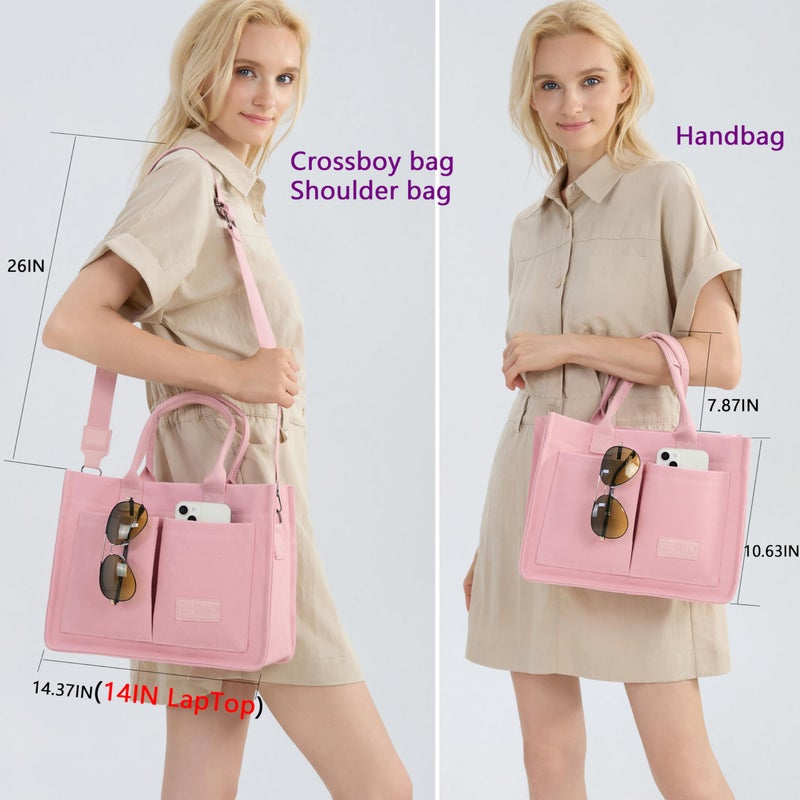 ZHMO Canvas Tote Bag for Women With Compartments and Pockets,Pink Women's Bags Crossbody Bags Work Laptop Tote Bag Large Satchels Handbag Tote Purse Everyday Shoulder Bag for Travel Nurse Teacher Gift - Image 2