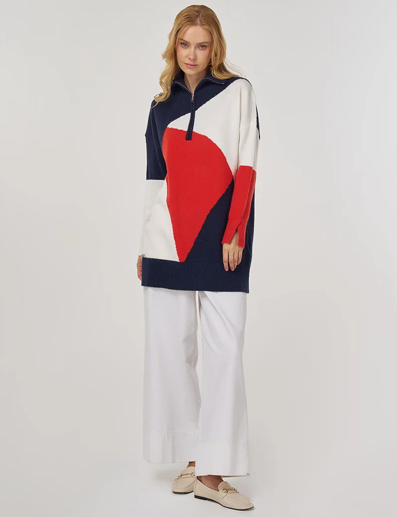 Kayra Color-Blocked Knit Tunic in Coral