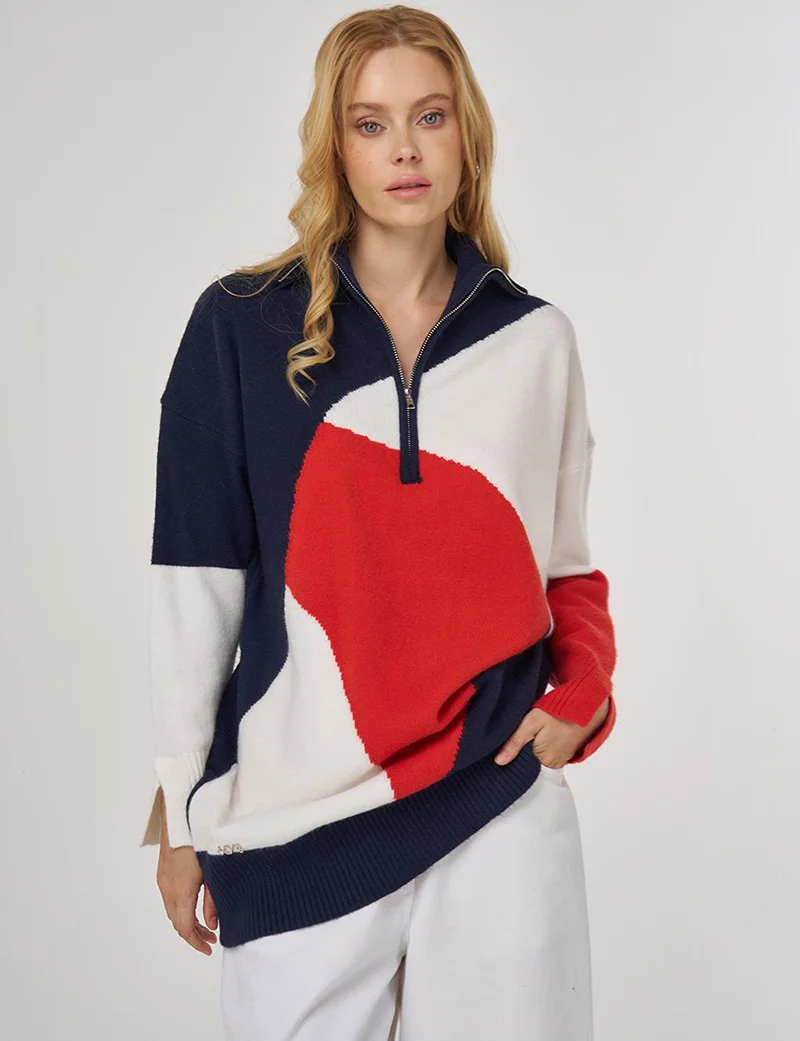 Kayra Color-Blocked Knit Tunic in Coral