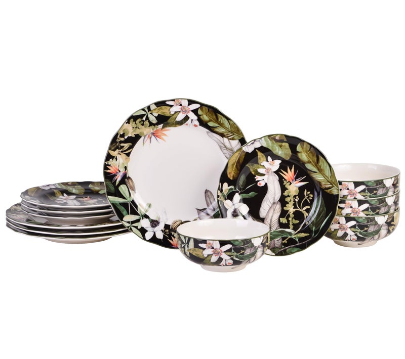 222 Fifth 12-Piece Porcelain Dinnerware Set for 4, Black & White Plates and Bowls Set with Tropical Floral Design, Glossy Ceramic Dish Set, Kitchen Tableware, Microwave & Dishwasher Safe, Borneo - Image 1