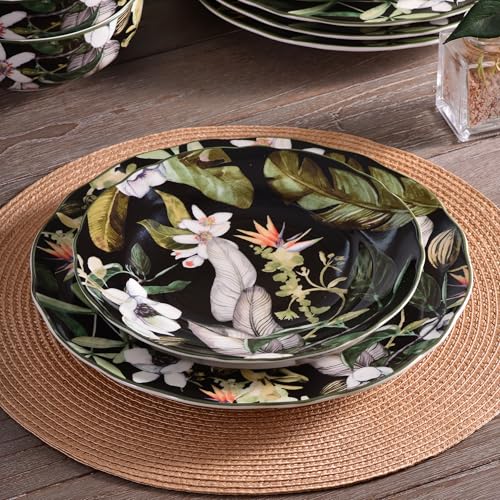 222 Fifth 12-Piece Porcelain Dinnerware Set for 4, Black & White Plates and Bowls Set with Tropical Floral Design, Glossy Ceramic Dish Set, Kitchen Tableware, Microwave & Dishwasher Safe, Borneo - Image 5