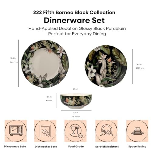 222 Fifth 12-Piece Porcelain Dinnerware Set for 4, Black & White Plates and Bowls Set with Tropical Floral Design, Glossy Ceramic Dish Set, Kitchen Tableware, Microwave & Dishwasher Safe, Borneo - Image 2