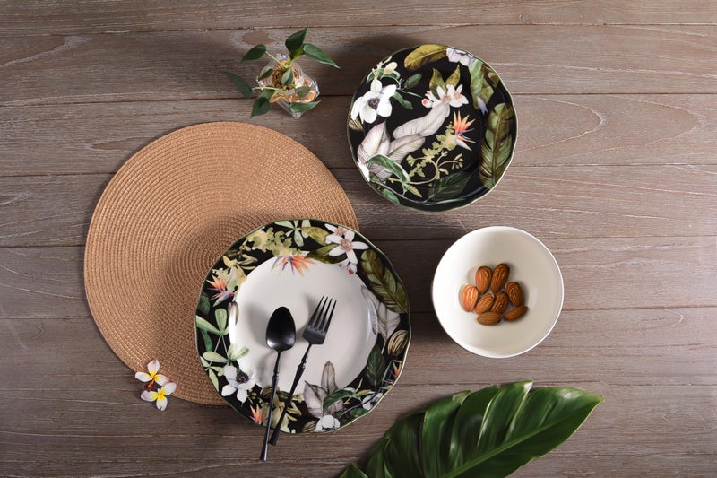 222 Fifth 12-Piece Porcelain Dinnerware Set for 4, Black & White Plates and Bowls Set with Tropical Floral Design, Glossy Ceramic Dish Set, Kitchen Tableware, Microwave & Dishwasher Safe, Borneo - Image 4