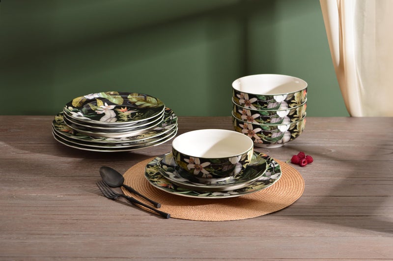 222 Fifth 12-Piece Porcelain Dinnerware Set for 4, Black & White Plates and Bowls Set with Tropical Floral Design, Glossy Ceramic Dish Set, Kitchen Tableware, Microwave & Dishwasher Safe, Borneo - Image 3