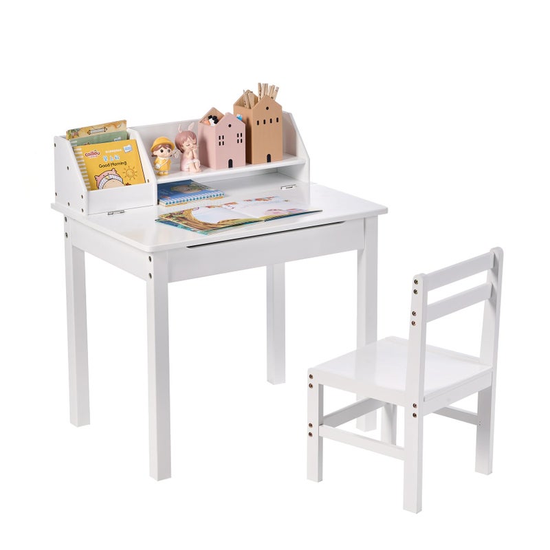UNICOO Bamboo Toddler Desk and Chair Set LiftTop Table Chair Set for 38 Years Old Toddlers Children Writing Desk with Storage and Hutch for Home School Use White
