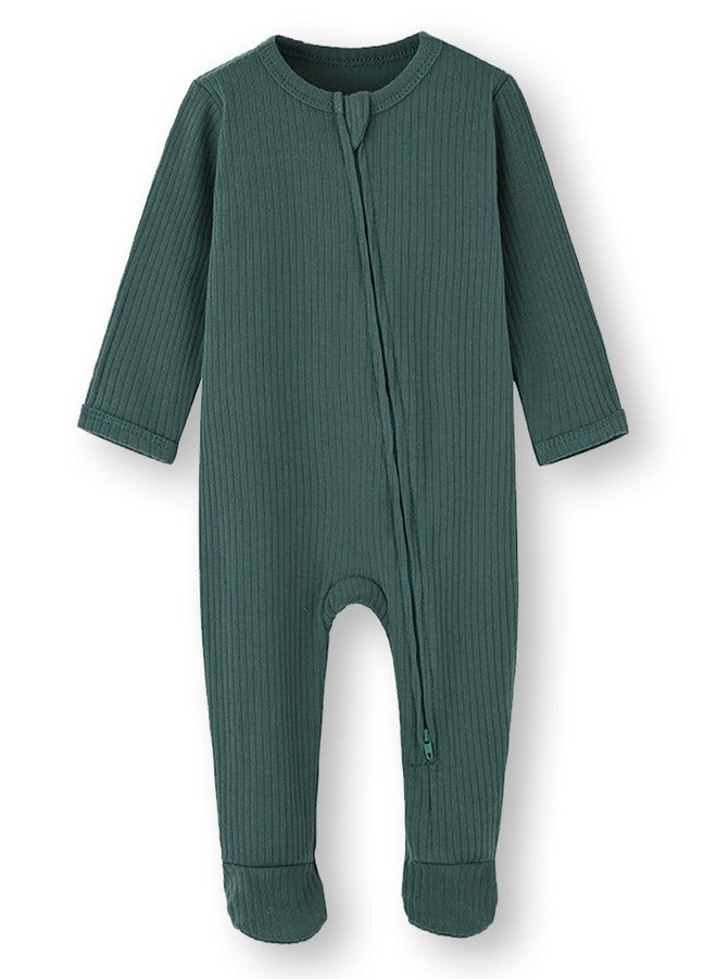 ACESTAR Unisex Baby Footies Pajamas, 2-Way Zipper Baby Sleepers with Mitten Cuffs - Cotton Long Sleeve Baby Zip Up Onesie Kids Sleep and Play (Dark Green&Mint Green, 3-6 Months) - Image 2