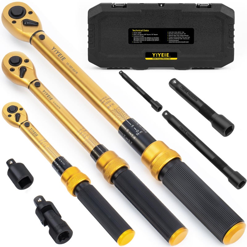 YIYEIE 1/4 3/8 1/2-inch Drive Click Torque Wrench, 8Pcs Torque Wrench Set 10-230in.lb, 5-50ft.lb, 10-180ft.lb with Adapters, Â±3% Accuracy, 72-Tooth Dual Scale Torque Wrenches for Bike, Moto, Car Repair - Image 1