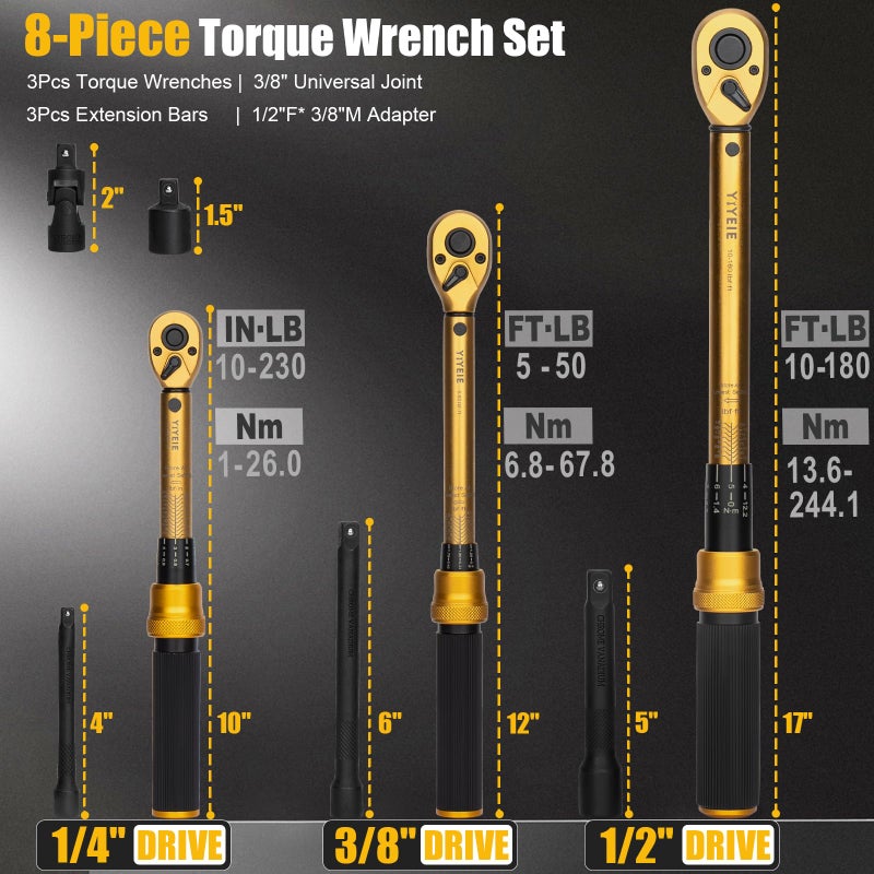 YIYEIE 1/4 3/8 1/2-inch Drive Click Torque Wrench, 8Pcs Torque Wrench Set 10-230in.lb, 5-50ft.lb, 10-180ft.lb with Adapters, Â±3% Accuracy, 72-Tooth Dual Scale Torque Wrenches for Bike, Moto, Car Repair - Image 2