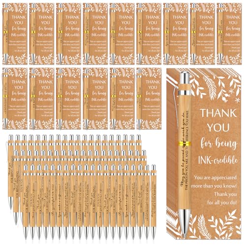 ReliThick 50 Sets Employee Appreciation Gift Bulk Inspirational Bamboo Ballpoint Pen with Thank You Greeting Card Graduation Appreciation Gift for Teacher Coworker Nurse Staff Student Office Team - Image 1