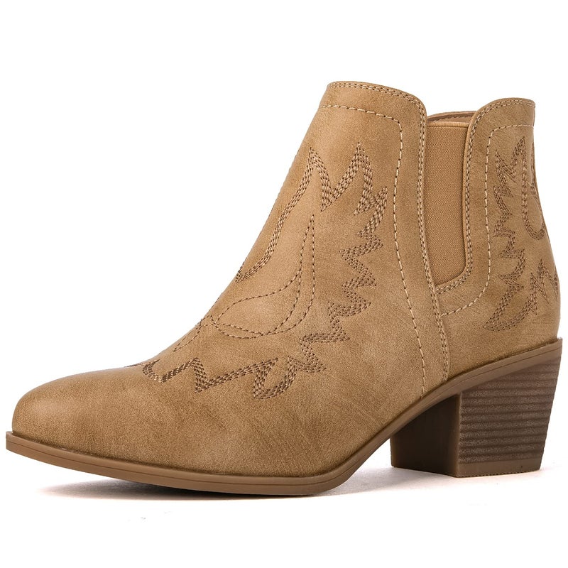 GLOBALWIN Cowboy Boots For Women Western Style Comfortable Pull On Short Ankle Cowgirl Boots Low Heel Khaki Size 10M - Image 2