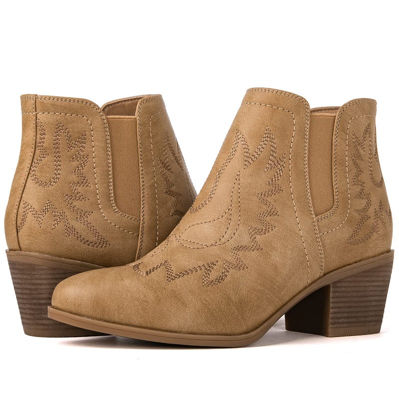 GLOBALWIN Cowboy Boots For Women Western Style Comfortable Pull On Short Ankle Cowgirl Boots Low Heel Khaki Size 10M - Image 1