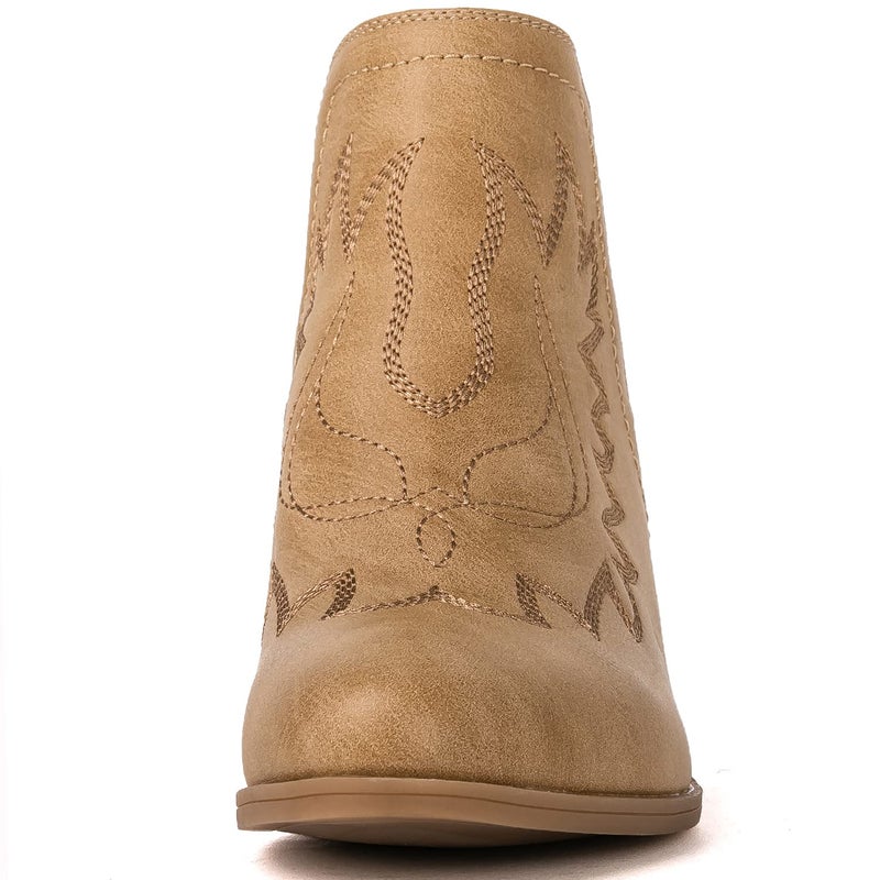 GLOBALWIN Cowboy Boots For Women Western Style Comfortable Pull On Short Ankle Cowgirl Boots Low Heel Khaki Size 10M - Image 4