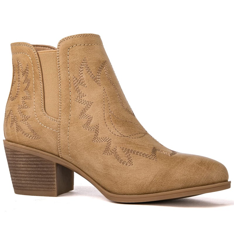 GLOBALWIN Cowboy Boots For Women Western Style Comfortable Pull On Short Ankle Cowgirl Boots Low Heel Khaki Size 10M - Image 3