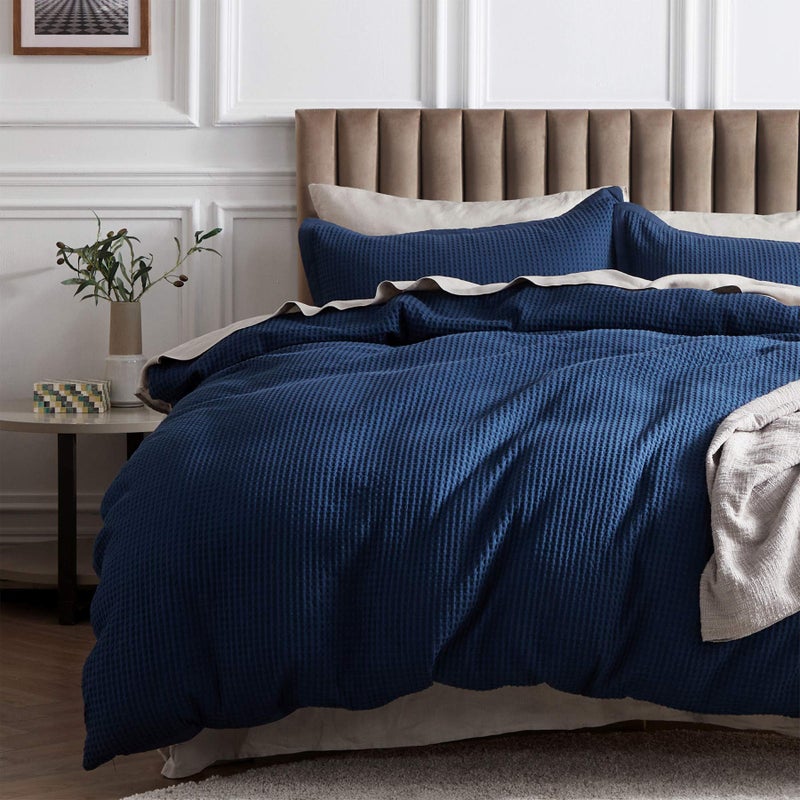 Bedsure Cotton Duvet Cover Queen  100 Cotton Waffle Weave Navy Blue Duvet Cover Queen Size GentleSoft and Breathable Bedding Set for All Season 3 Pieces 90x90