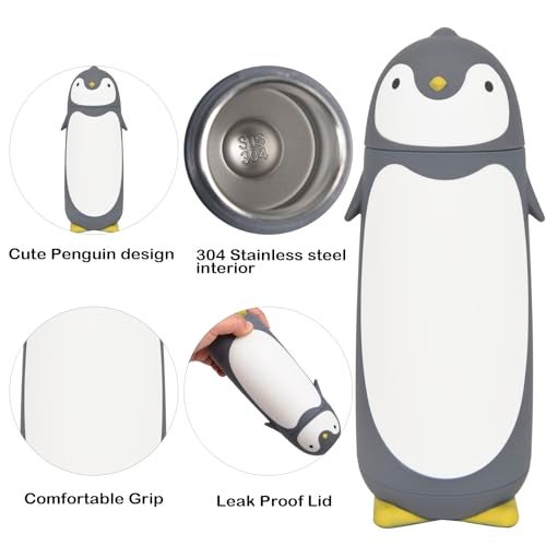 ChezMax Penguin Insulated Water Bottle - Stainless Steel Vacuum Double Walled Bottle Flask Travel Mug for Kids, Students, 9.6oz, Grey - Image 3