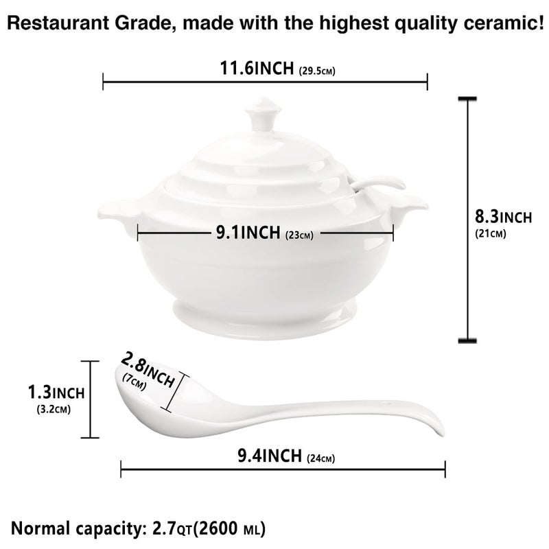 jinsongdafa Casserole Dish with Serving Handle, 2.7-quart White French Soup pot, Ceramic Tureen with Lid and Ladle, for Dinner and Party, Microwave, Dishwasher, Oven Safe 11.6 Inch - Image 2