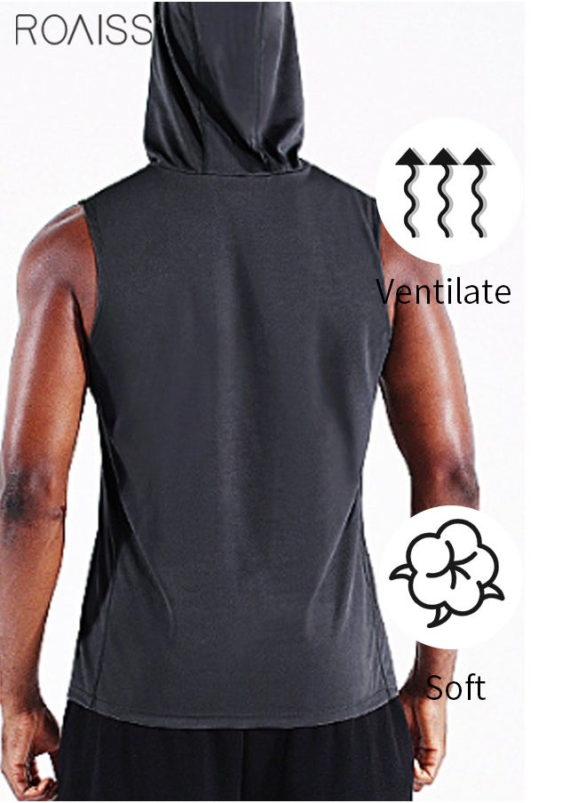 roaiss - Men's Hoodie Vest Fashion Casual Solid Color Fitness Gym Muscle T Shirt Sleeveless Hooded Bodybuilding Tight-Drying Tops - Image 1