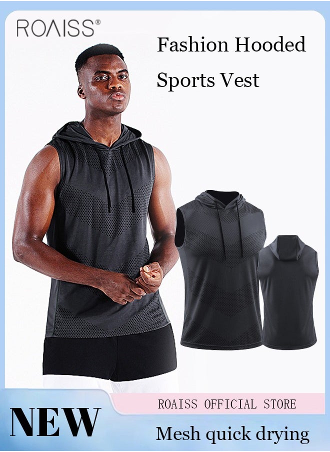 roaiss - Men's Hoodie Vest Fashion Casual Solid Color Fitness Gym Muscle T Shirt Sleeveless Hooded Bodybuilding Tight-Drying Tops - Image 1