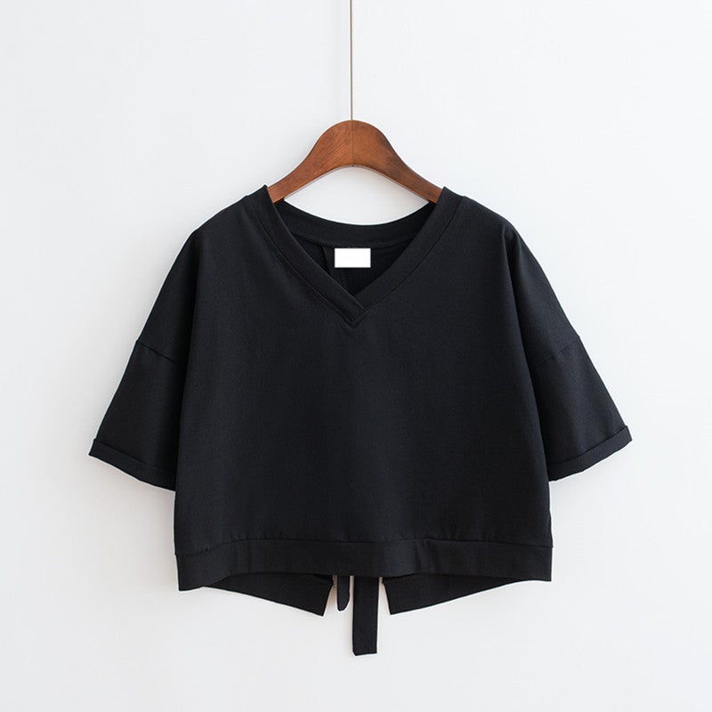 Solid Color Back Stitching Split V-neck Loose High Waist Short Top Female Student Strap Short Sleeve T-shirt Womens Wholesale Black 