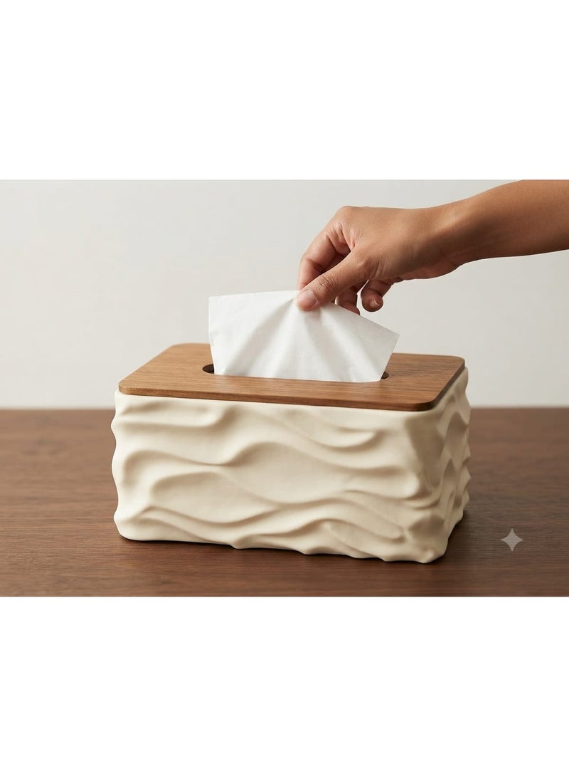 Wavy design tissue box with wooden lid – decorative tissue holder for office, kitchen, and living room, multi-colored - Image 1