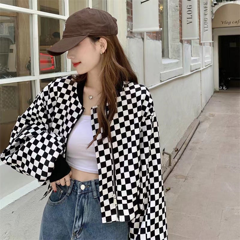 Short Coat Womens preppy style retro chessboard Plaid student autumn 2022 new niche baseball uniform loose top Black and white plaid 