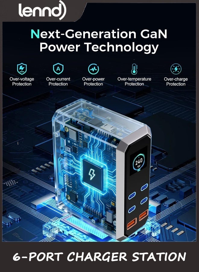 LENND USB C Charger Block, 240W GaN USB C 6-Port Charger Station, Laptop Power PD Adapter with Touch Control and Color Display, Charging Station for MacBook, iPhone, Samsung, Laptop, iPad, Desktop, and More - Image 5