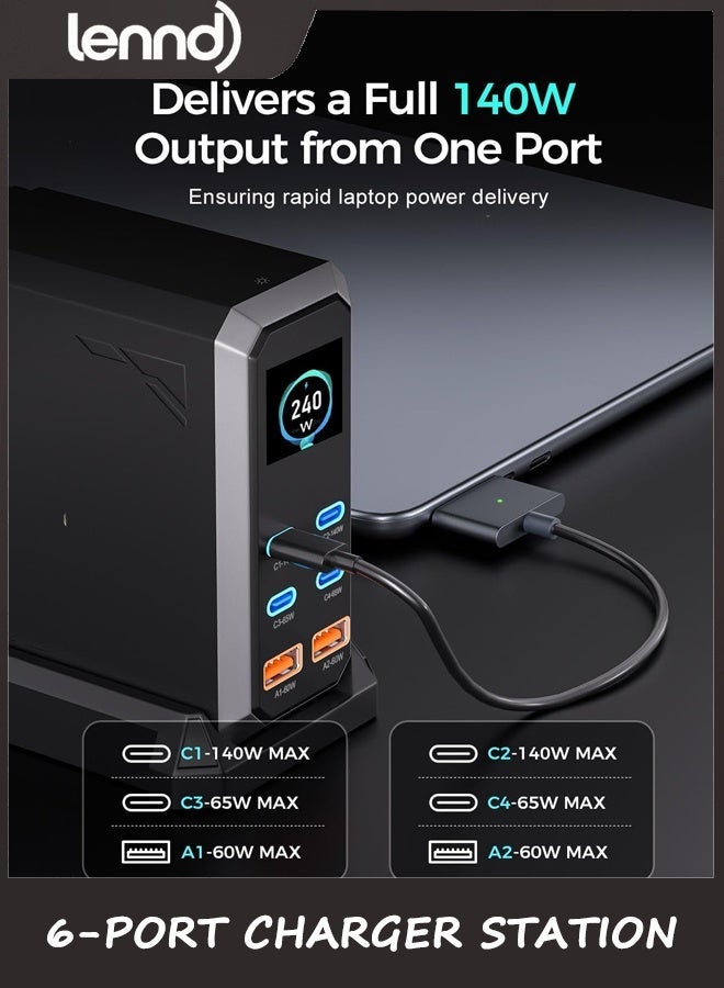 LENND USB C Charger Block, 240W GaN USB C 6-Port Charger Station, Laptop Power PD Adapter with Touch Control and Color Display, Charging Station for MacBook, iPhone, Samsung, Laptop, iPad, Desktop, and More - Image 4