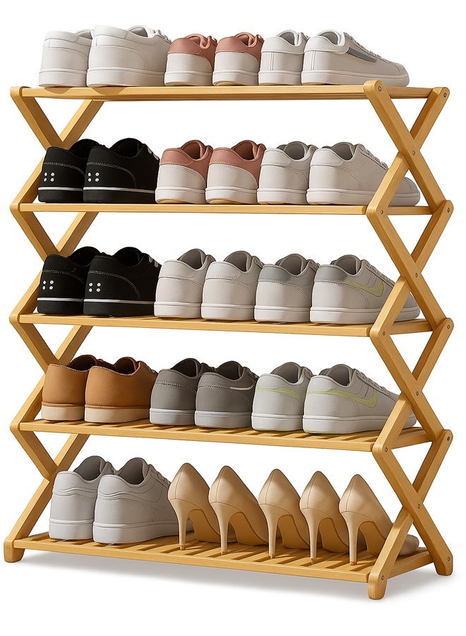 FUMES 5 Tier X-shaped Foldable Wooden Shoe Rack Organizer and Space-Saving Bamboo Shelf - Image 3
