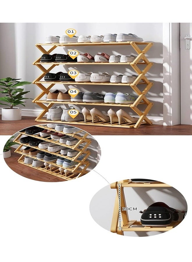 FUMES 5 Tier X-shaped Foldable Wooden Shoe Rack Organizer and Space-Saving Bamboo Shelf - Image 5