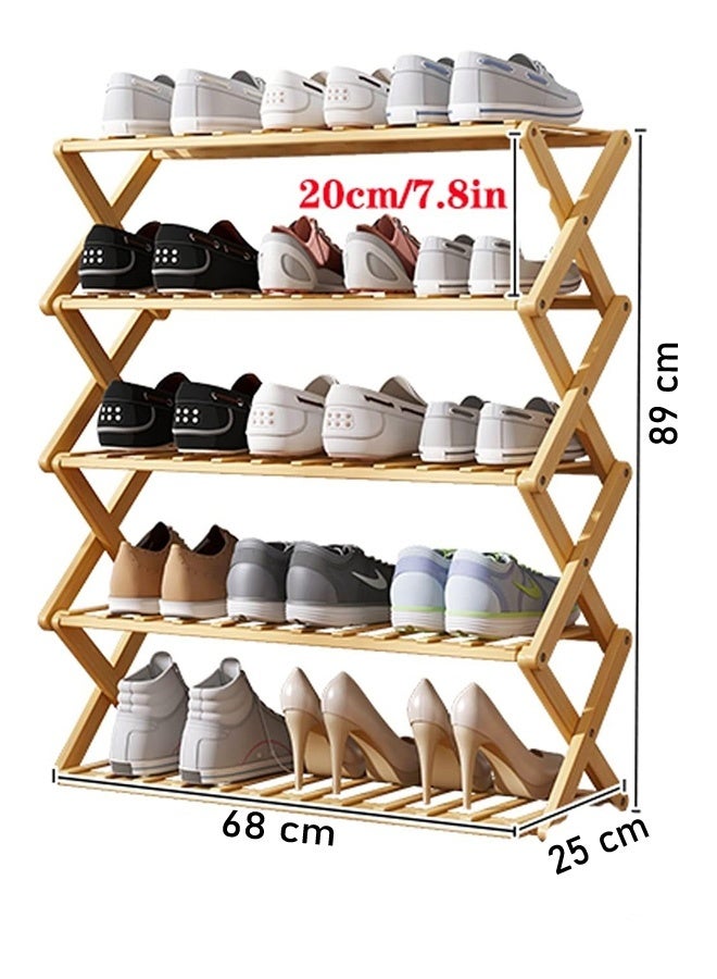 FUMES 5 Tier X-shaped Foldable Wooden Shoe Rack Organizer and Space-Saving Bamboo Shelf - Image 2