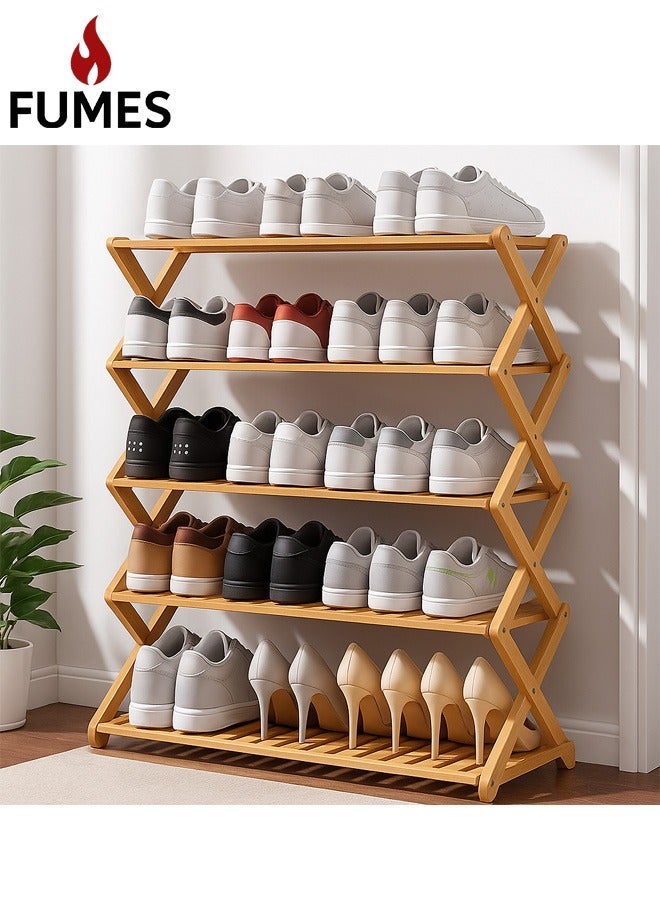 FUMES 5 Tier X-shaped Foldable Wooden Shoe Rack Organizer and Space-Saving Bamboo Shelf - Image 1
