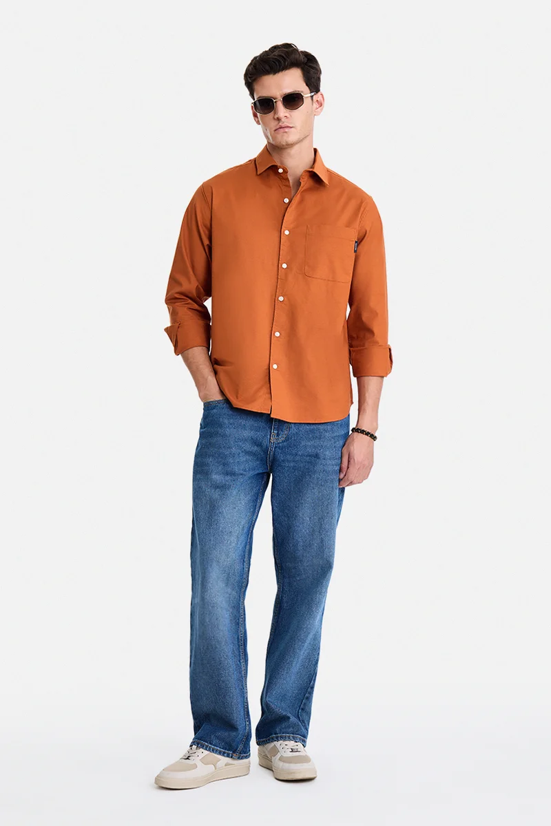 سنيتش Rust Solid Long Sleeve Regular Fit Casual Shirt