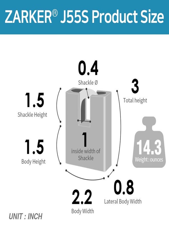 Zarker J55S keyed Padlock, Heavy Duty Stainless Steel Shackle Lock, Waterproof and Rustproof Storage, Warehouses, Garage, Outdoors, 1-Pack - Image 5