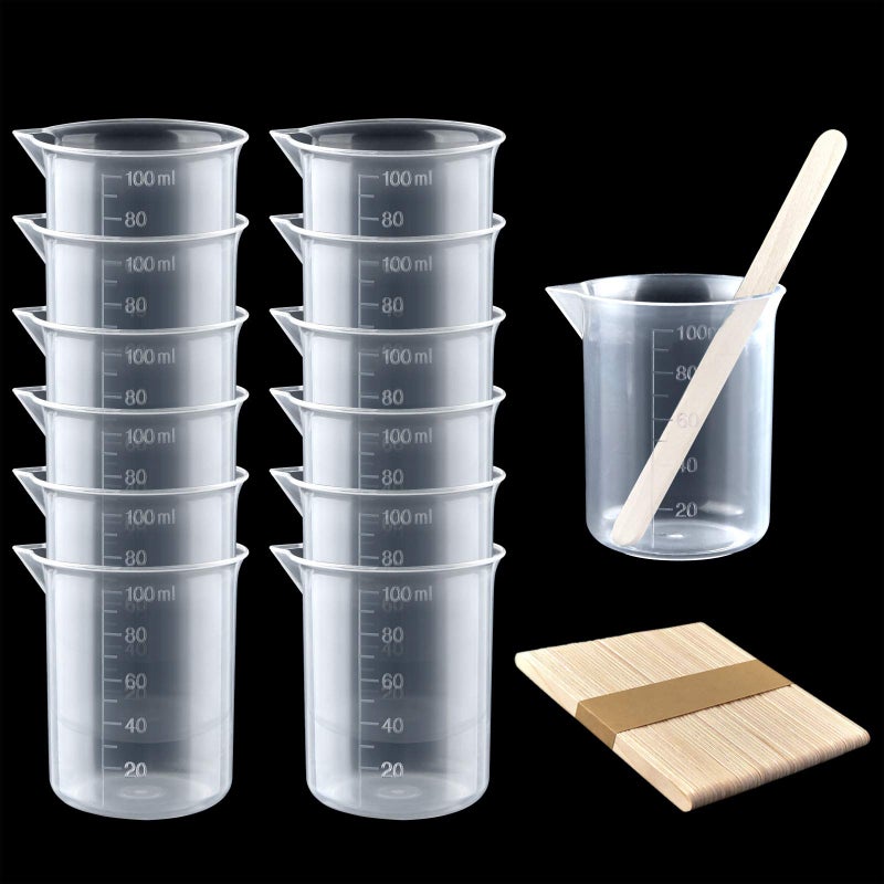 Coopay 12 Pack 100ml34oz Plastic Beakers Epoxy Mixing Cups Plastic Graduated Cups Clear Multipurpose Measuring Cups with 50 Pack Wooden Stirring Sticks for Resin Epoxy Stain Mixing Paint