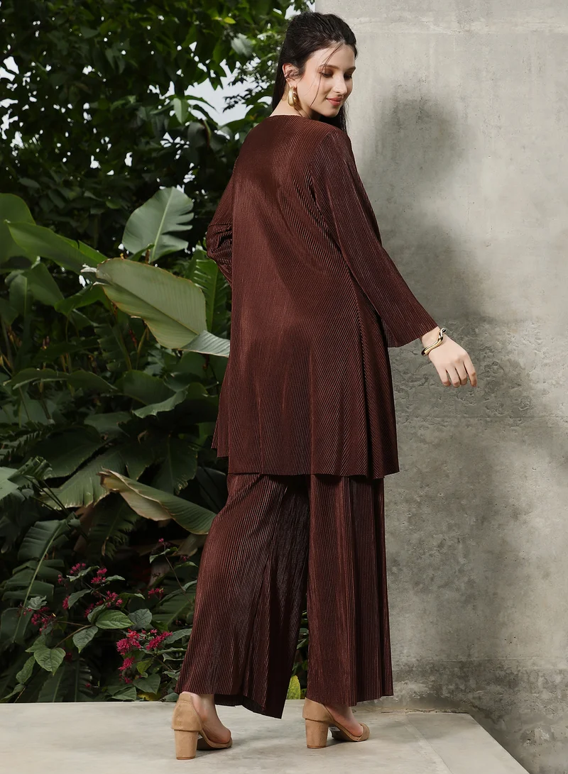 QISSA  Qissa Women's Coffee Brown Solid Pleated Kurta Set For Ethnic Wear | Round Neck, Long Regular Sleeves | Solid Pleated Fabric | 2 Piece Kurta Set Designed For Casual & Daily Wear for Women | Best Price UAE