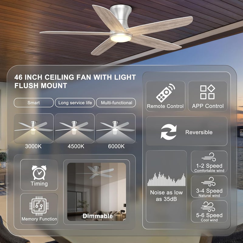 Ohniyou 46'' Ceiling Fan with Lights, Low Profile Ceiling Fans Remote/APP Control - Dimmable, Silent DC Motor, Modern Ceiling Fan for Bedroom Living Room, Silver - Image 3