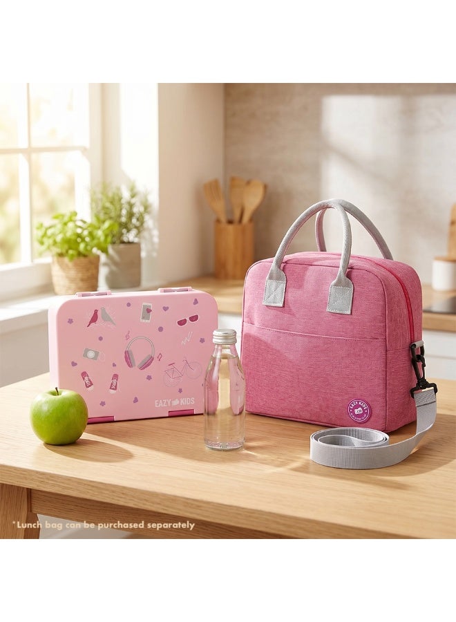 Eazy Kids Personalized 6 & 4 Convertible Bento Lunch Box w/Steel Spoon & Fork Set - Life Pink - Image 3