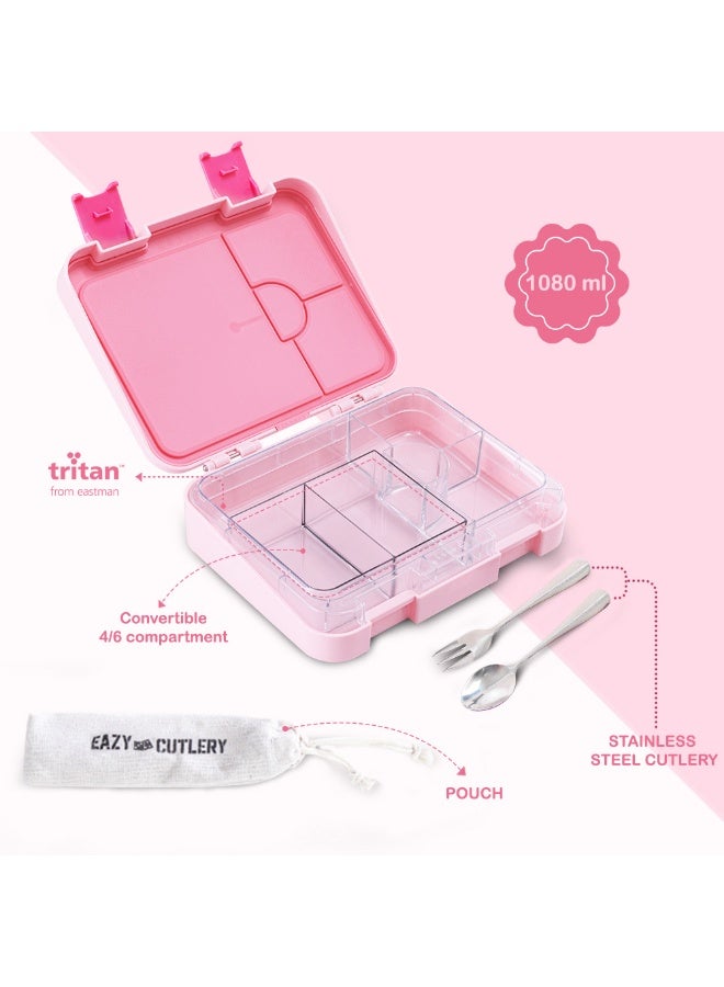 Eazy Kids Personalized 6 & 4 Convertible Bento Lunch Box w/Steel Spoon & Fork Set - Life Pink - Image 5