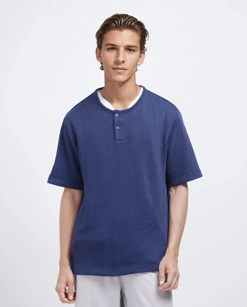 Rare Rabbit Men's Solid Textured Henley Boxy T-Shirt