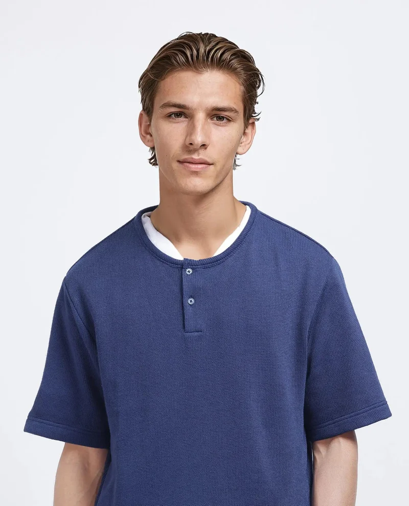 Rare Rabbit Men's Solid Textured Henley Boxy T-Shirt