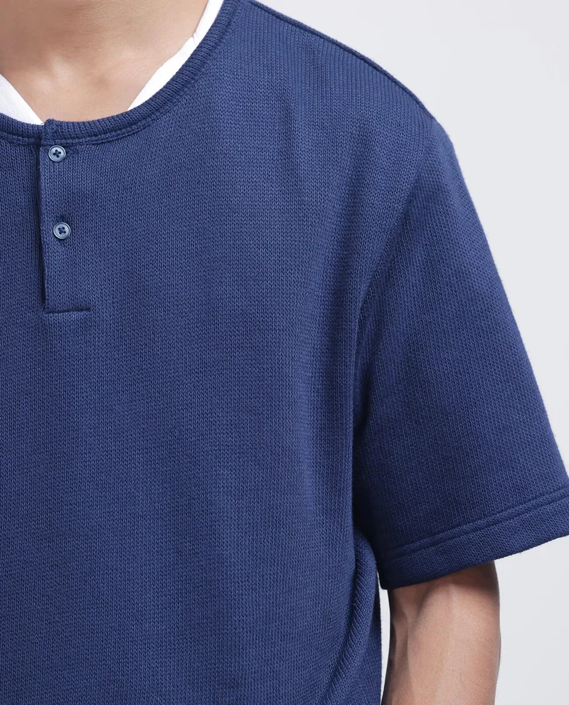 Rare Rabbit Men's Solid Textured Henley Boxy T-Shirt