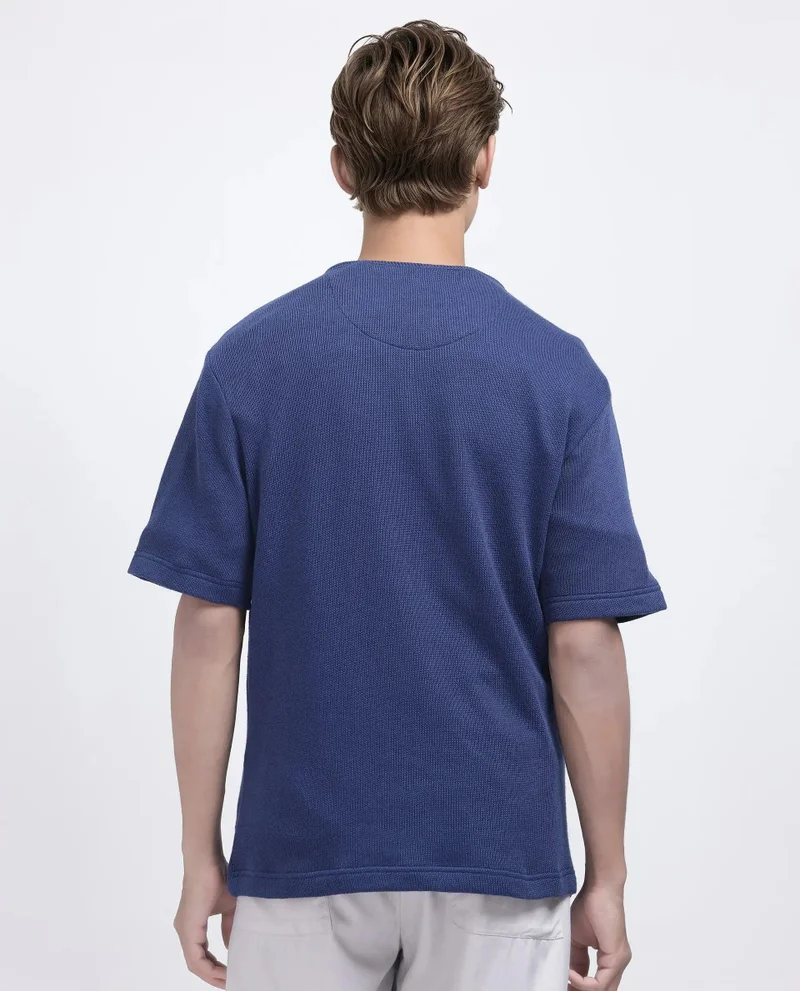 Rare Rabbit Men's Solid Textured Henley Boxy T-Shirt