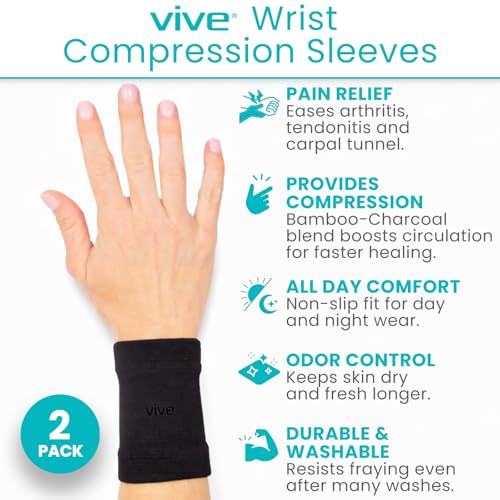 Vive Wrist Compression Sleeves for Women Men Pair Elastic Support Wristband for Pain Relief Circulation Wrist Support for Carpal Tunnel Arthritis Tendonitis Great for Sports Injury - Image 3
