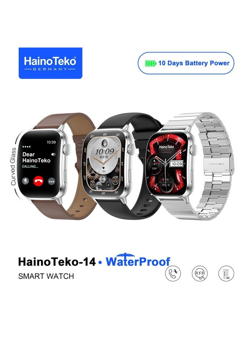 Haino Teko HainoTeko-14 AMOLED Display Waterproof Smart Watch for Men and Women with 10-Day Battery, Fitness Tracker, 3 Interchangeable Straps, Heart Rate Monitor, Sleep Tracking, Bluetooth Calling, Stylish Silver Design with Charging Cable Included - Image 1