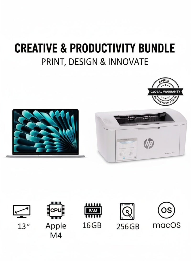 HP LaserJet M111w Black & White Multifunction Localization Printer, Print Speed Up To 20 ppm, 100 Sheets Output Capacity, 8000 Pages Monthly Cycle, USB / Wireless Connectivity and Perfect For Home | 7Md68A - White & New 2025 MacBook Air MW0W3 13-Inch Display, Apple M4 Chip 10-Core CPU 8-Core GPU Processor/16GB RAM/256GB SSD/macOS(International Version) English SilverBundle - Image 1