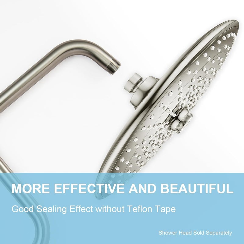 Offo Shower Head Extension Arm 13 in, Brushed Nickel S Shaped High Rise Extender with Flange Shower Head Pipe Arm - Image 2