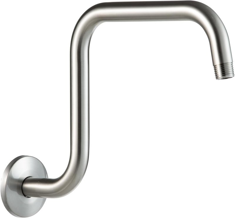 Offo Shower Head Extension Arm 13 in, Brushed Nickel S Shaped High Rise Extender with Flange Shower Head Pipe Arm - Image 1