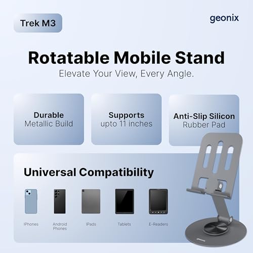 Geonix Trek M3 360° Rotatable & Foldable Mobile Phone Stand – Metallic, Adjustable Height & Angle, Universal Holder for Smartphones & Tablets (Grey) - Image 5